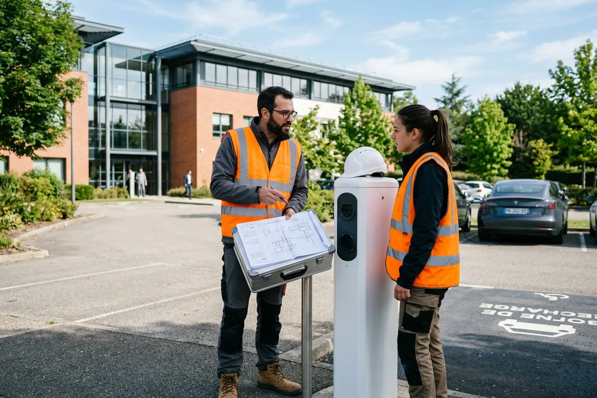 Équipe technique pour projet d'installation de borne de recharge à Bruyères-le-Châtel
