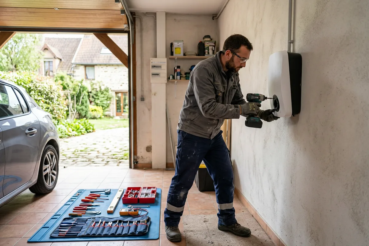 Installation borne de recharge pour voiture électrique dans un garage privé à Conca